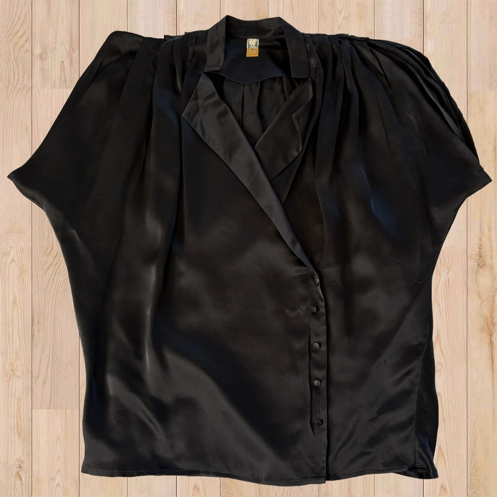 Rachel Roy 100% Silk Draped Blouse Made in USA Black Minimalist Top Plus Size 0